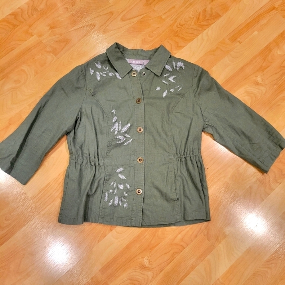 Chico's olive green Light weight snap closure fall spring coat Large Chico's 2